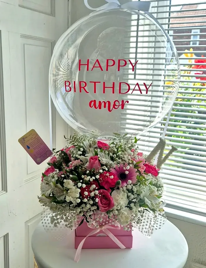 Personalised birthday balloon with pink roses and white alstroemeria in a pink flower box