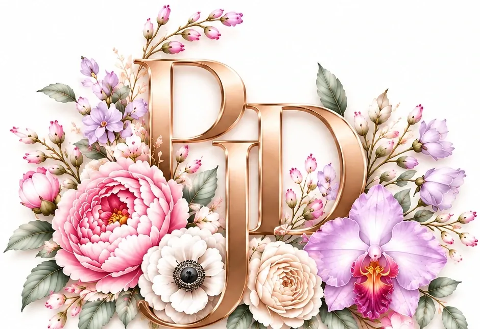 Rose gold PJD monogram with peony, orchid, anemone and lilac flowers